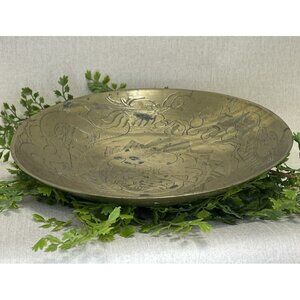 Vintage 1940s Chinese Brass Bowl Dragon Engraved Floral 10 Inch China